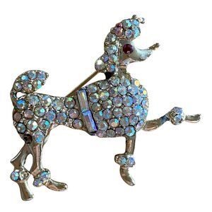 Vintage Gold Tone Rhinestone Poodle Brooch With Red Eye & Safety Clasp